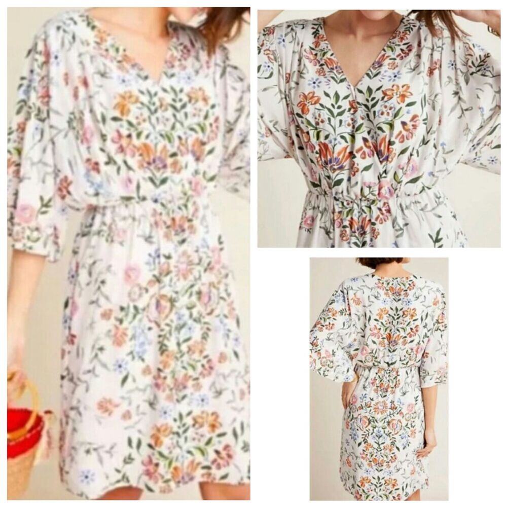 Anthro Laia White Floral 3/4 Sleeve V-Neck Midi Dress Turkey Botanical Size 4